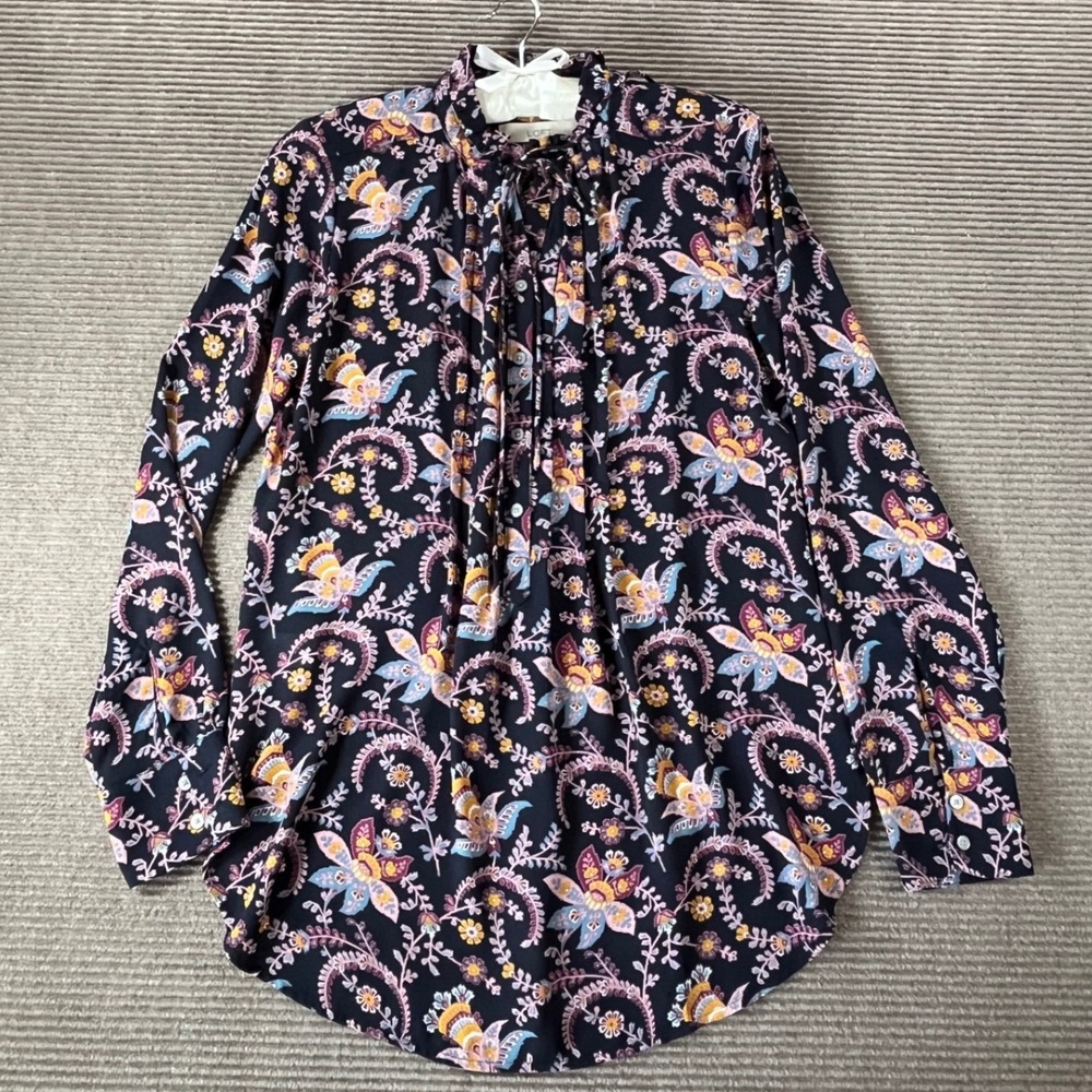 LOFT Womens Navy Blue Paisley Floral Ruffle Tie Neck Blouse XS